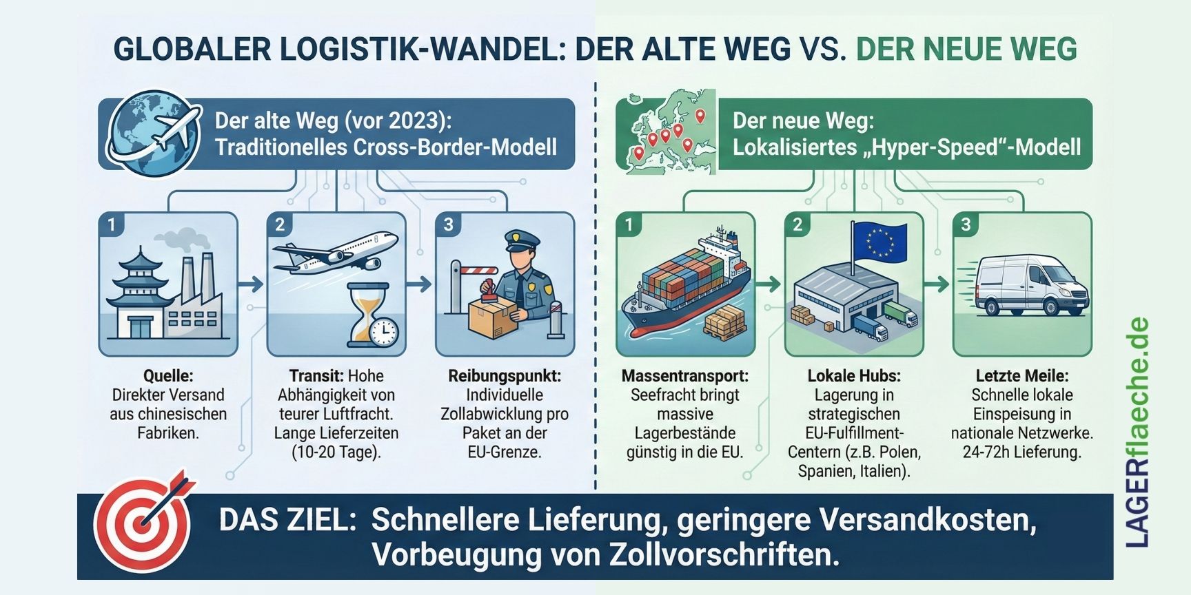 Infografik zum globalen Logistik-Wandel: Vergleich zwischen dem traditionellen Cross-Border-Luftfracht-Modell und dem neuen lokalen 'Hyper-Speed'-Modell mit europäischen Lagerstandorten und schnellerer Zustellung.